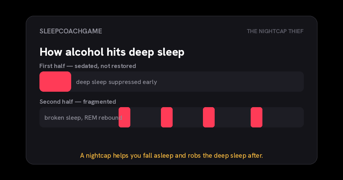 Two halves of the night showing alcohol's effect: deep sleep suppressed early in the first half, and broken, fragmented sleep with REM rebound in the second half.