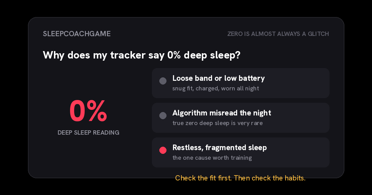 A large 0% deep-sleep reading beside three causes: a loose band or low battery, the algorithm misreading the night, or genuinely restless fragmented sleep, with a note to check the fit first then the habits.